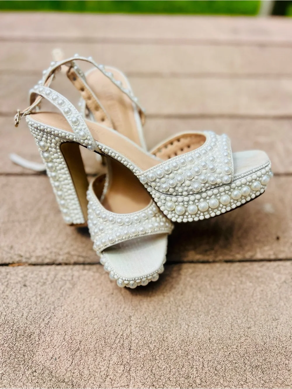 Steve Madden White Pearl-Embellished Platform Sandals
